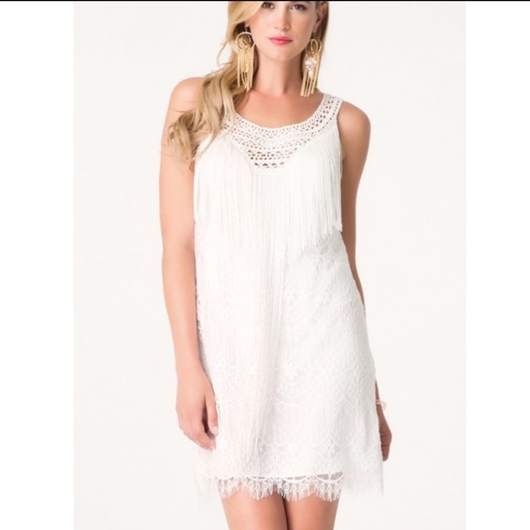BEBE LACE + FRINGE SHIFT DRESS WHITE SIZE M - Picture 9 of 9
